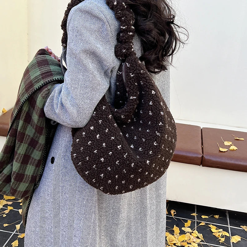 Korean Faux Fur Polka Dot Crossbody Tote Bag for Women