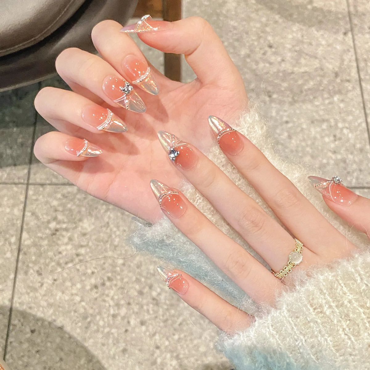 Handmade Press-On Nails Aurora Blue French Pearl Crystal Almond