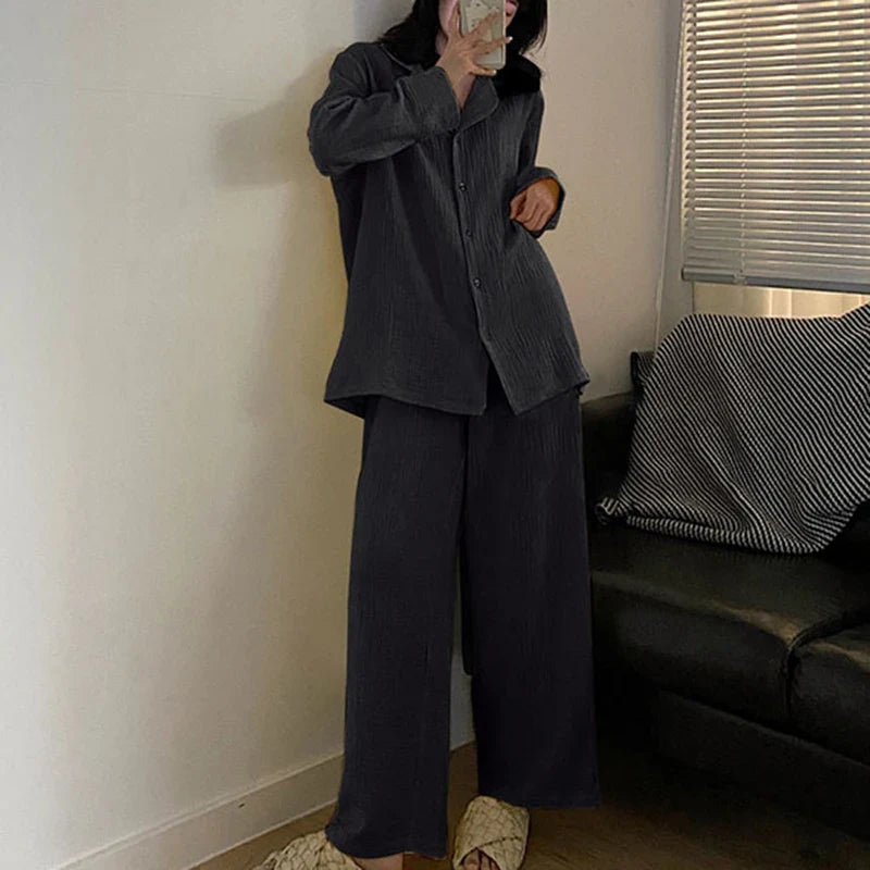 Women's Korean 2-Piece Pajama Set – Casual Long Sleeve Lounge