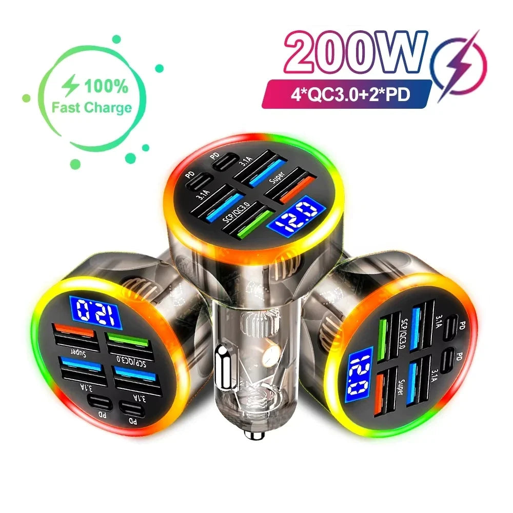 200W 6-Port Car Charger PD QC3.0 Fast Charging Digital Display
