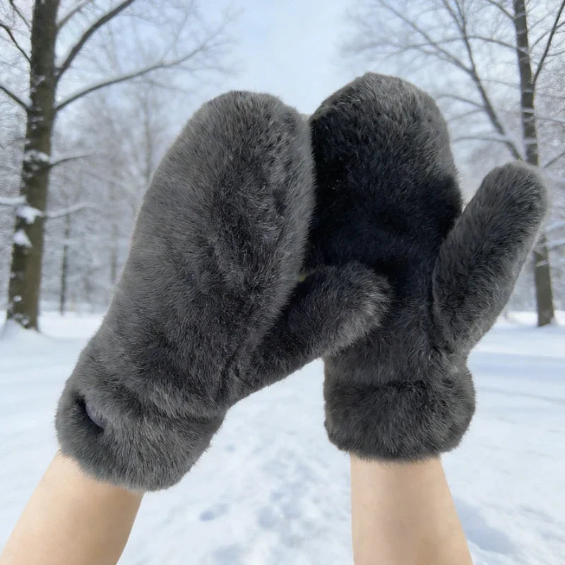 Women's Thick Plush Knit Mittens – Warm Solid Color Winter Gloves