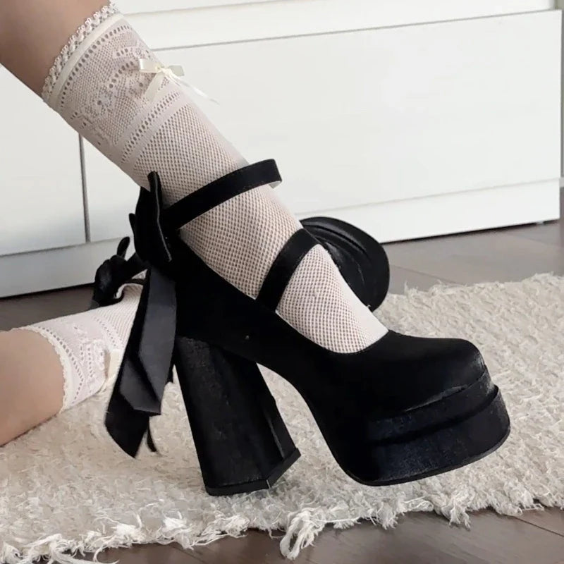 Women's Lolita Platform Pumps – Cross Strap Square Heel High Heels