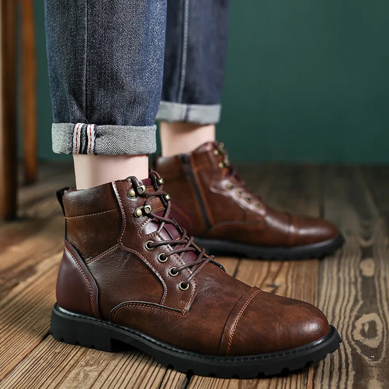YBQJOO High Top Ankle Boots – Unisex Lace-Up PU Leather