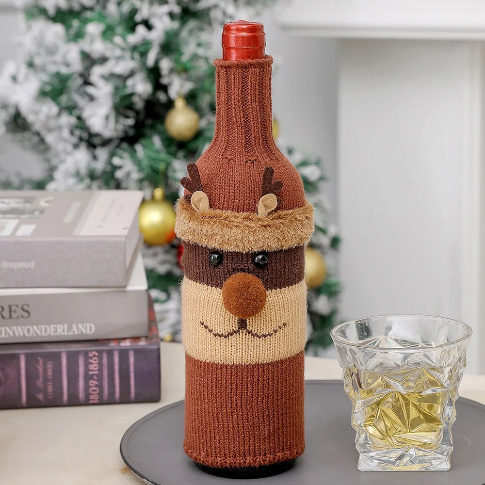 Christmas Knitted Wine Bottle Covers Snowman Reindeer Atmosphere