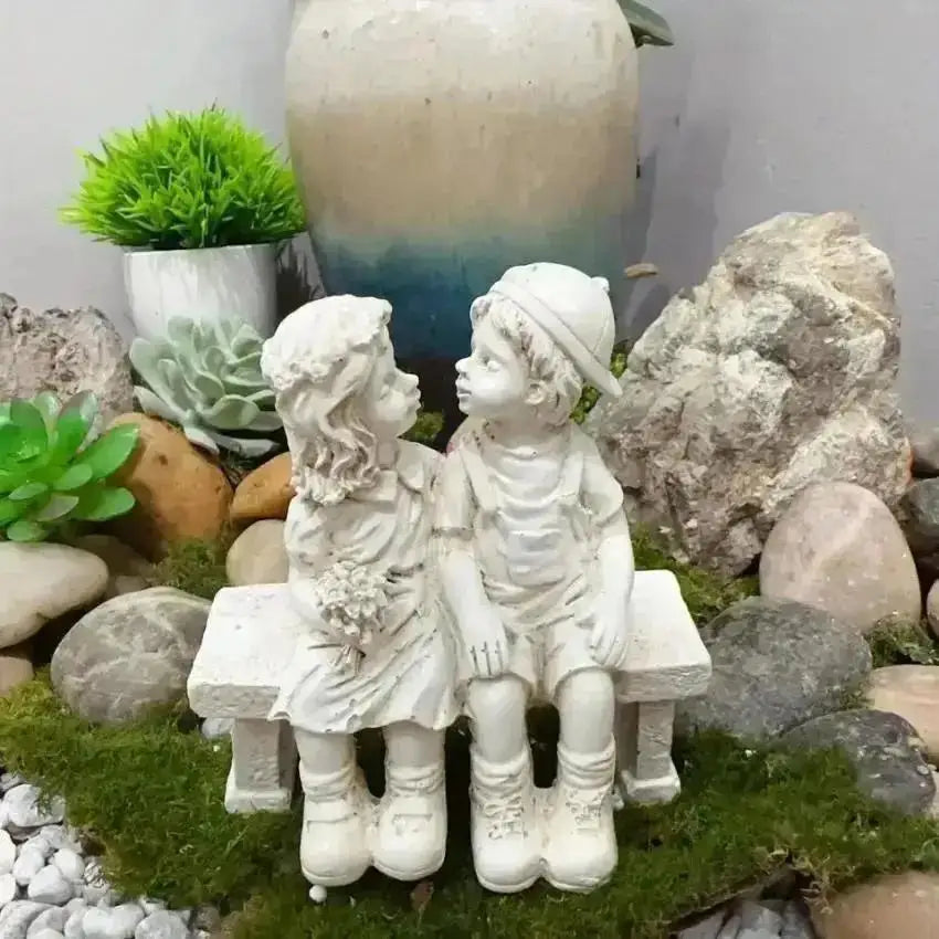 Kids on Bench Kissing Figurine | Resin Fairy Garden Sculpture