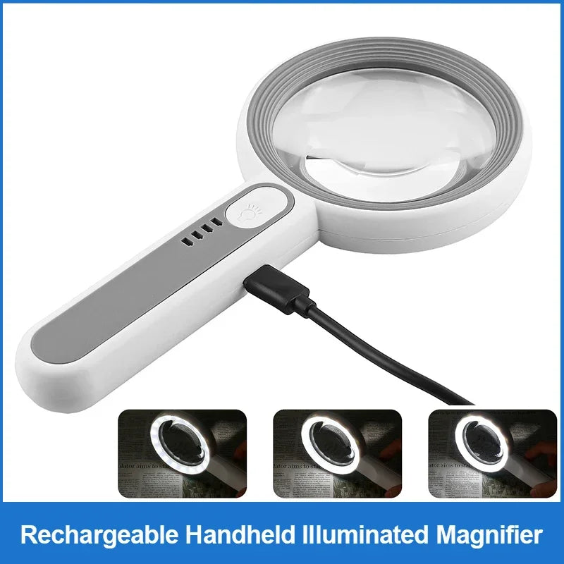 Rechargeable 12X Handheld Magnifier with LED Light – 3 Modes