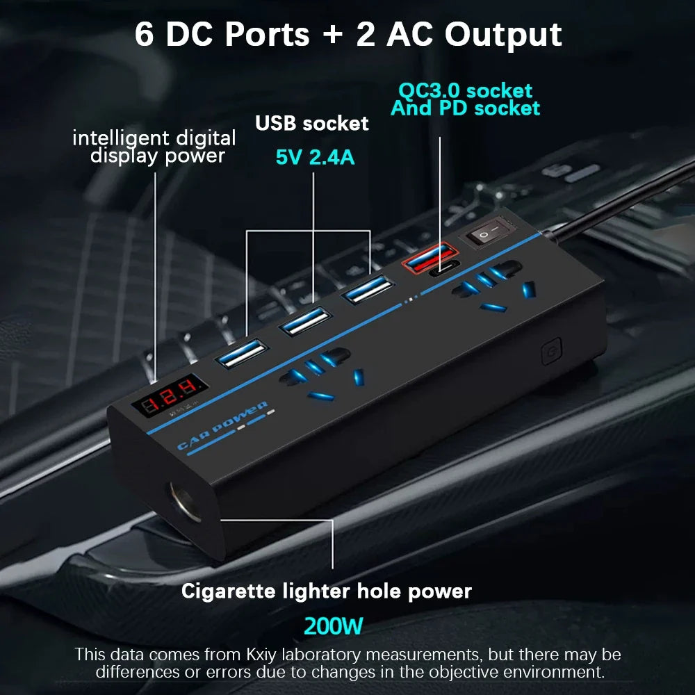 200W Car Power Inverter DC 12V/24V to AC 110V/220V 8-Port
