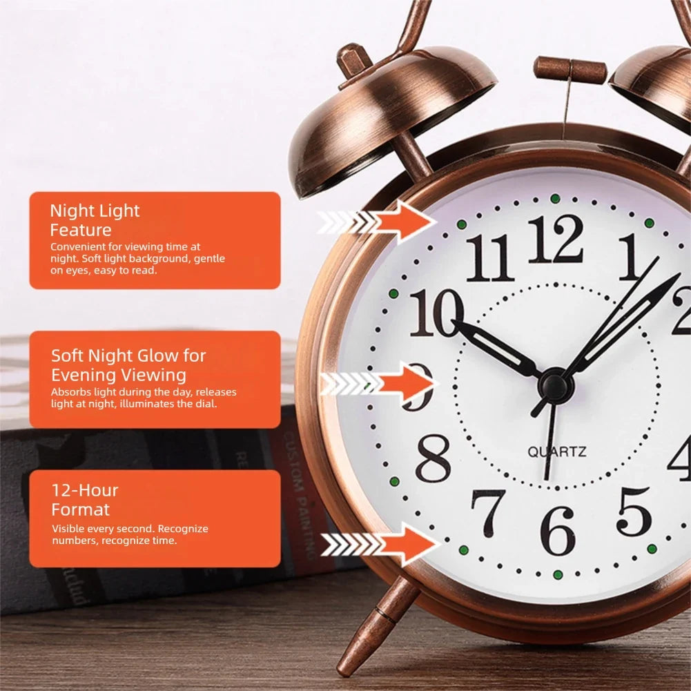 Vintage Twin-Bell Alarm Clock | Silent Sweep & Night Light