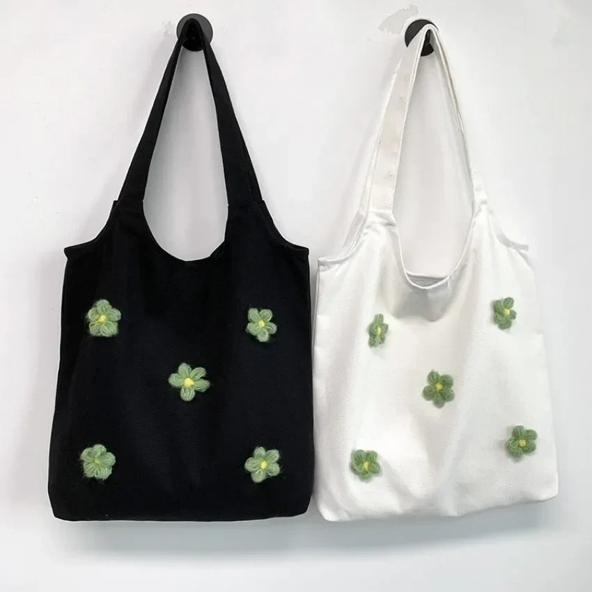Floral Canvas Tote Bag – Minimalist One Shoulder Bag for Women