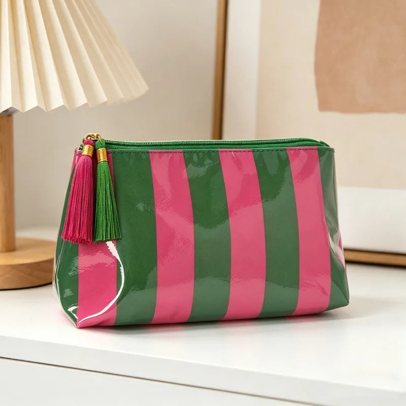 2026 PVC Striped Cosmetic Bag Makeup Fringe Zipper Waterproof Travel