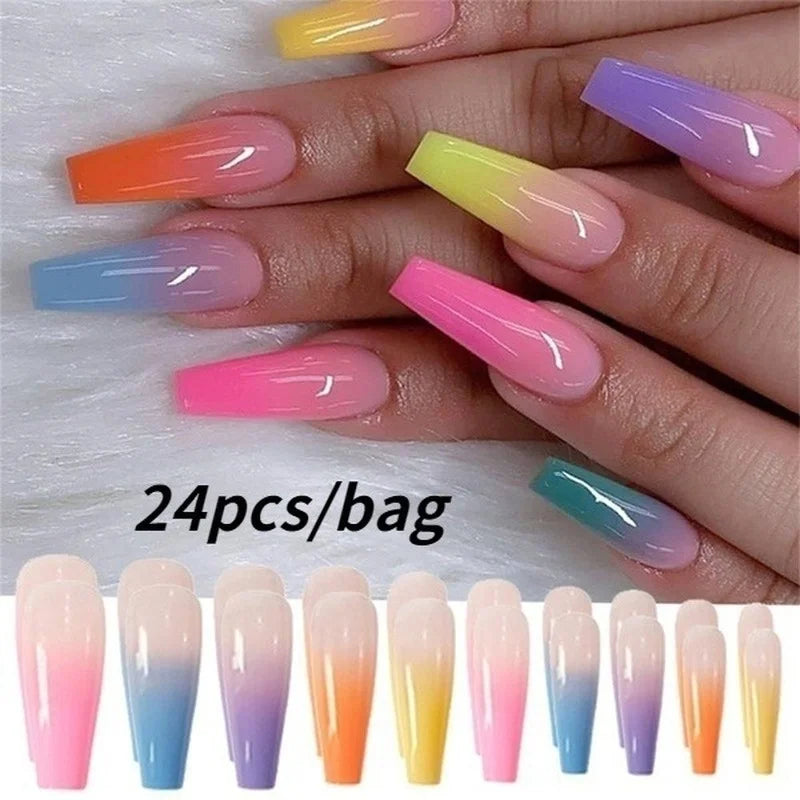 24-Piece Rainbow Coffin Ballerina False Nails – Full Cover Tips