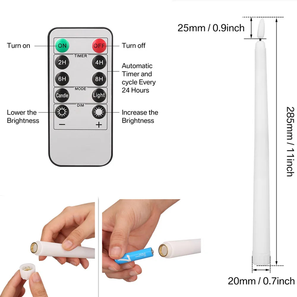 LED Flameless Taper Candles 11" Flickering | Remote & Timer