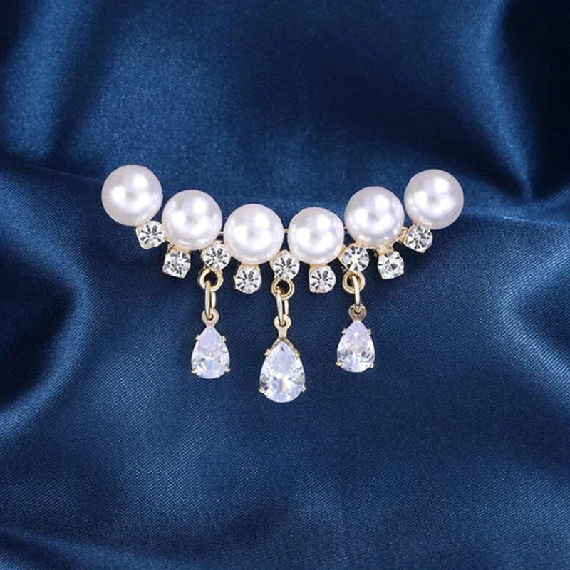 Elegant White Crystal Pearl Brooch | Gold Rhinestone Tassel Pin