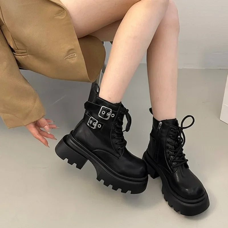 Women's Platform Ankle Boots – Square Heel Zip Buckle Booties