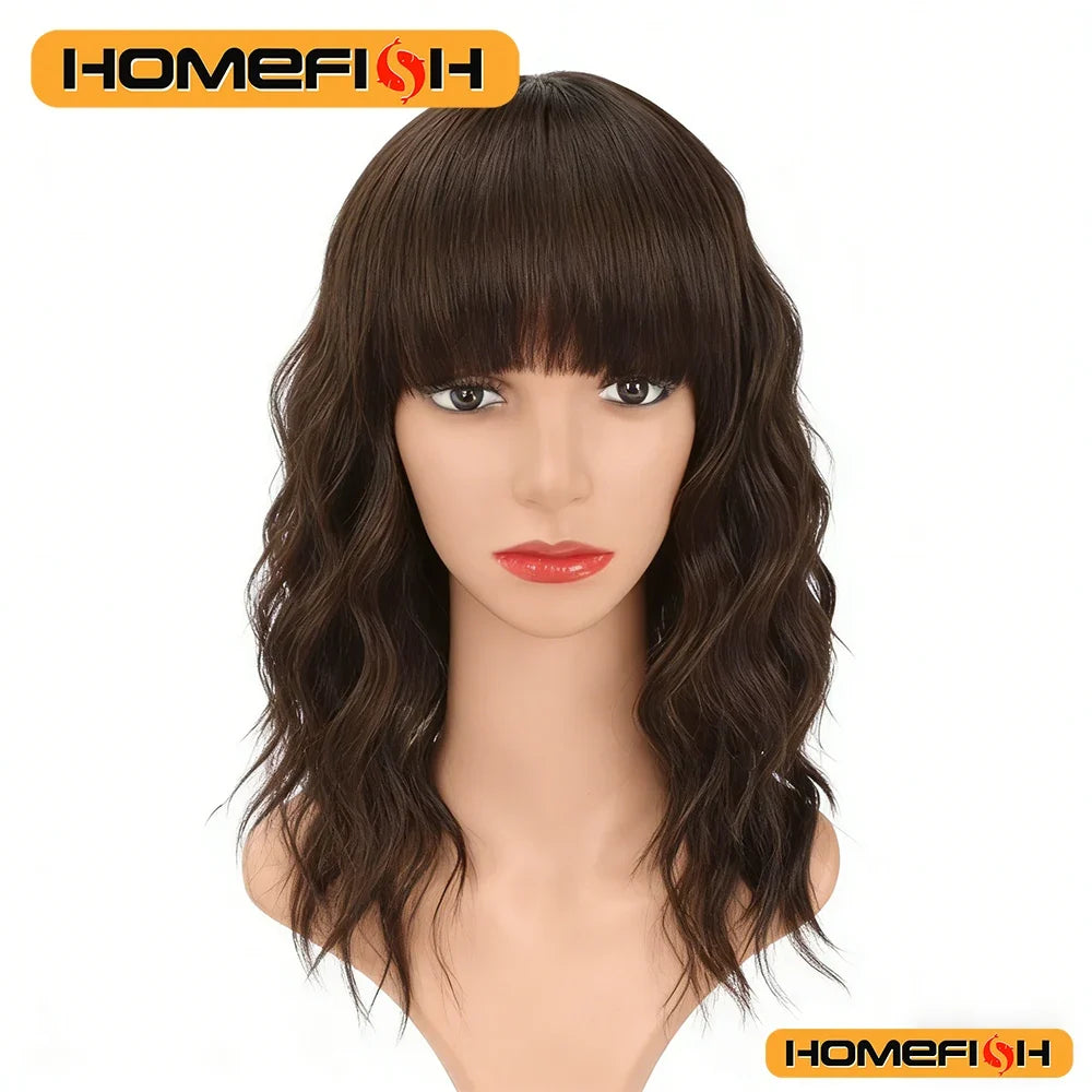 Synthetic Curly Wig with Bangs – Short Wavy Crochet Wig Women
