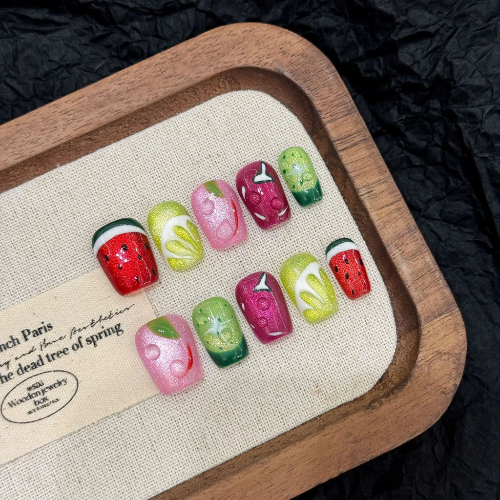 10pcs Handmade Fruit Press On Nails – Watermelon & Lemon Cat Eye