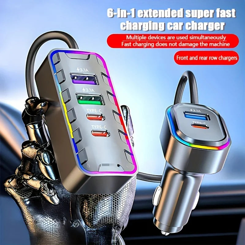 22.5W 7-Port Fast Car Charger – USB & Type-C Family Adapter