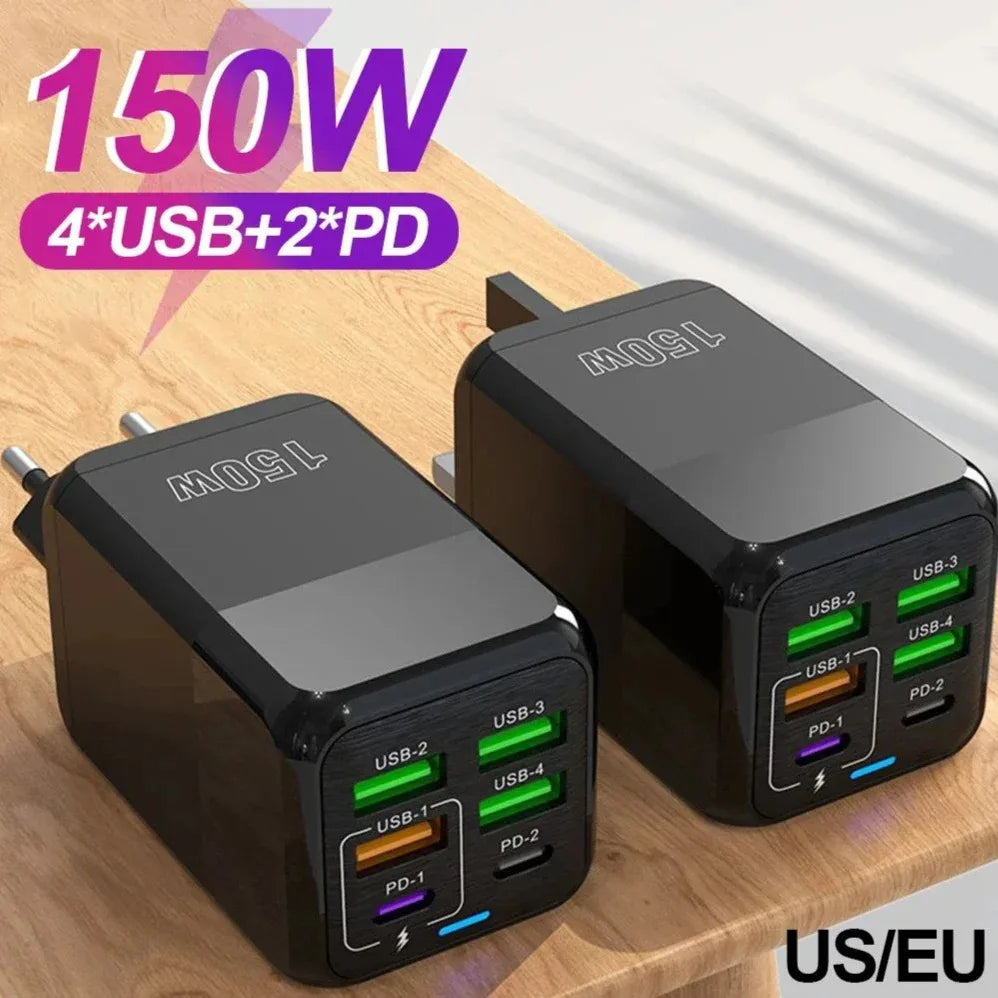 150W 6-Port USB-C Wall Charger | PD QC 3.0 Fast Charging