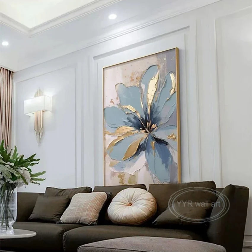 Hand-Painted Blue Floral Oil Painting on Canvas | Wall Art