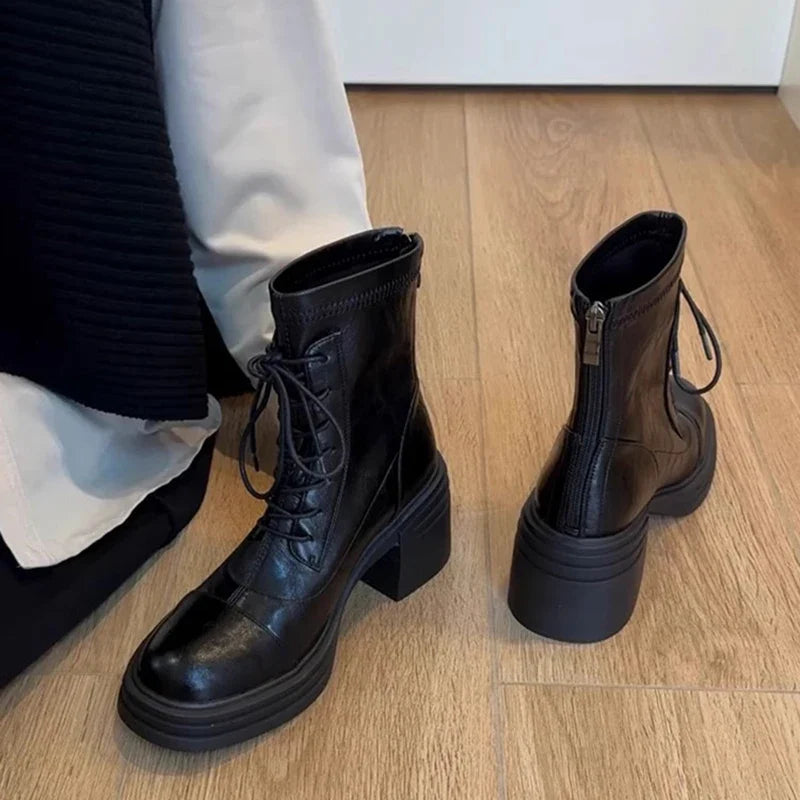 Women's Lace-Up Ankle Boots | Block Heel Back Zipper