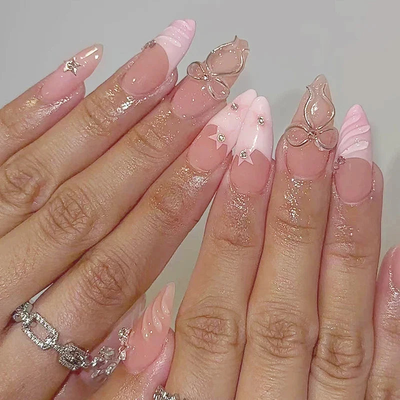 Ins Pink French Fake Nails 3D Sweet Bow Decor Press Full Cover Y2k