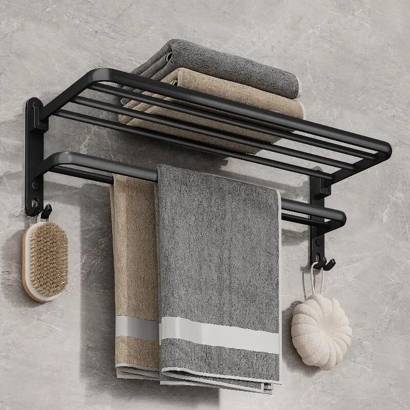 Matte Black Folding Double Bar Towel Rack | Wall Mount + Hook