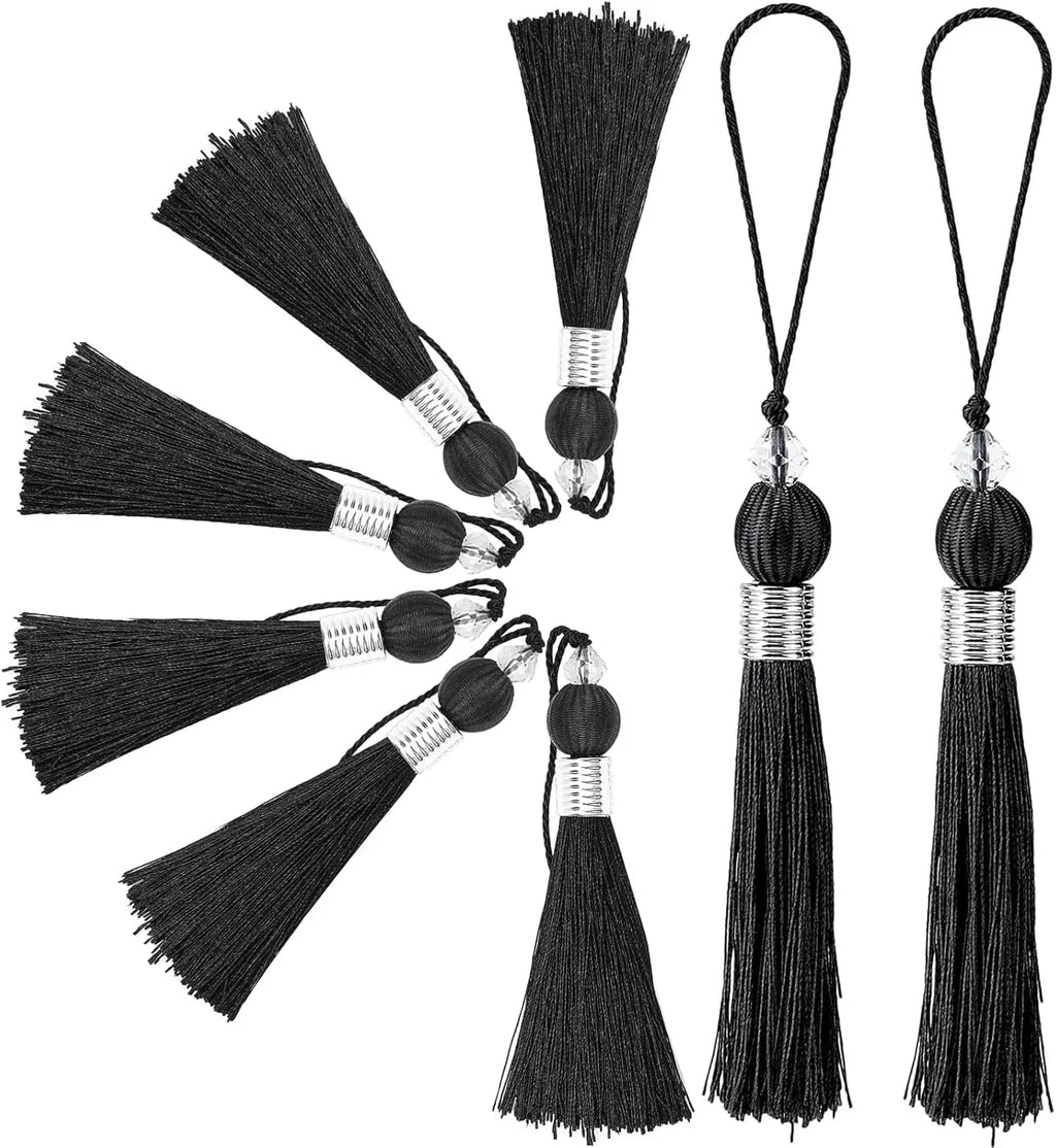 8 PCS Handmade Beaded Polyester Tassel Pendants – 9" Black