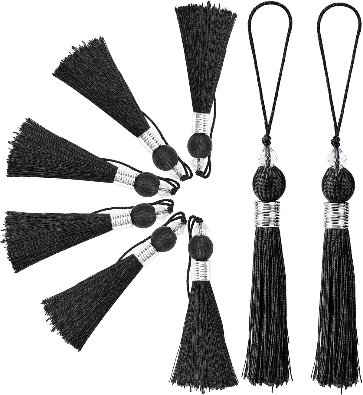 8 PCS Handmade Beaded Polyester Tassel Pendants – 9" Black
