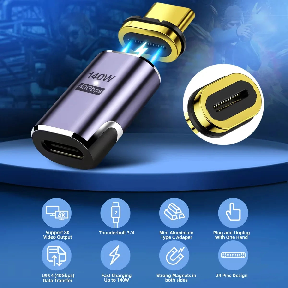Magnetic USB-C Adapter | USB4 Thunderbolt 3, 140W, 40Gbps, 8K