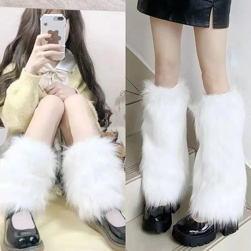 Gothic Faux Fur Leg Warmers – Y2K Punk Knee-Length Boot Socks
