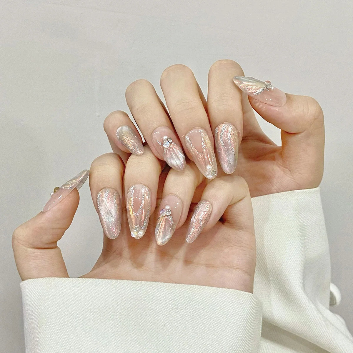 Aurora Mermaid Press On Nails – Glitter Pearl French Almond Tips