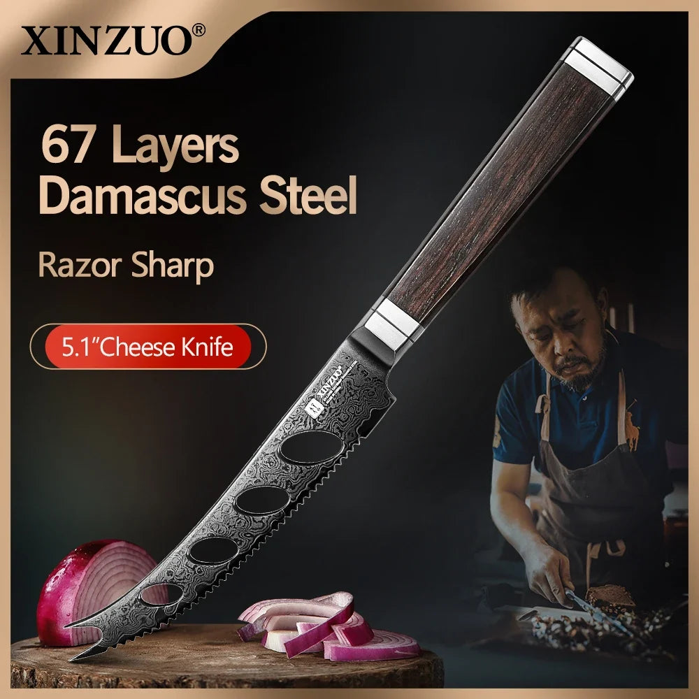 XINZUO Damascus Steel Cheese Knife 5.12" – Ebony & G10 Handle