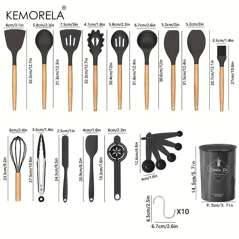 KEMORELA 30-Piece Silicone Cooking Utensil Set – Wooden Handles