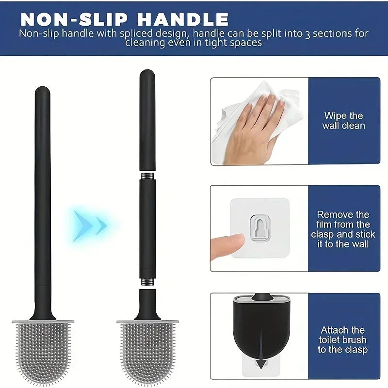 Silicone Toilet Brush & Wall-Mount Holder Set | Flexible Flat Head