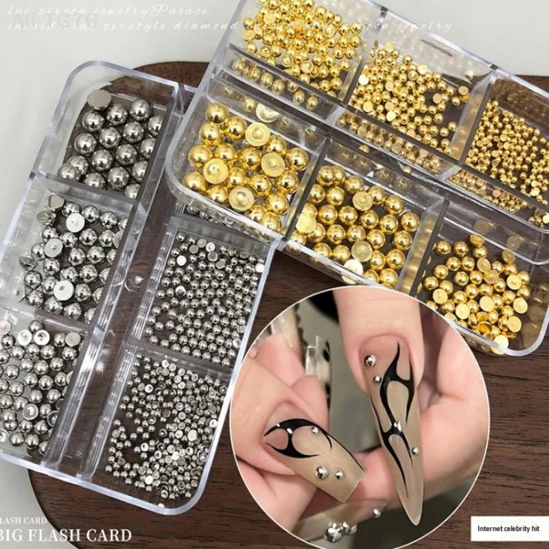 6-Grid Pearl Nail Charms Set – Gold & Silver Manicure Gems