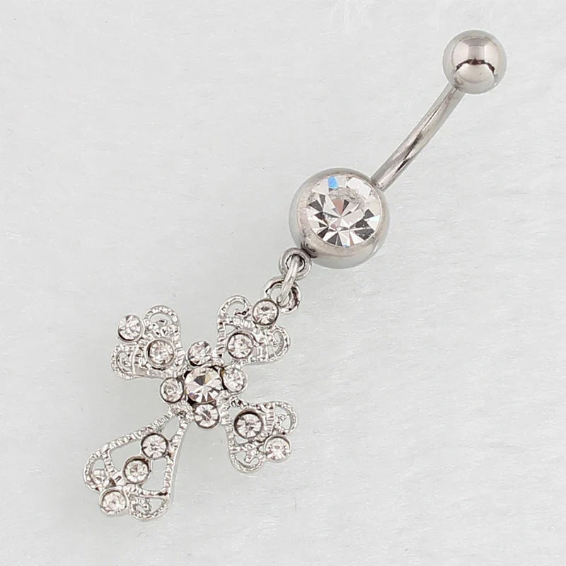 Crystal Rhinestone Cross Belly Button Ring – Stainless Steel