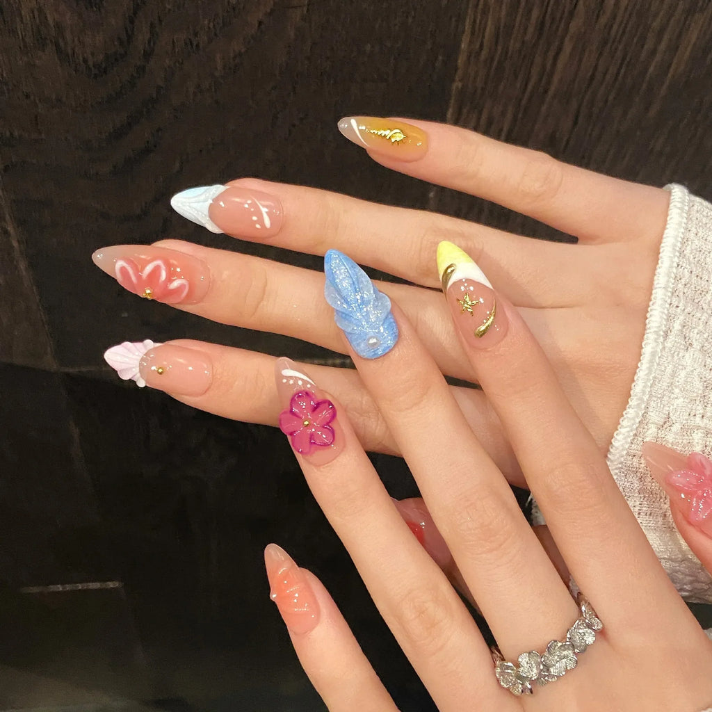 Handmade Almond Press-On Nails – Devil's Flower Design 10pcs