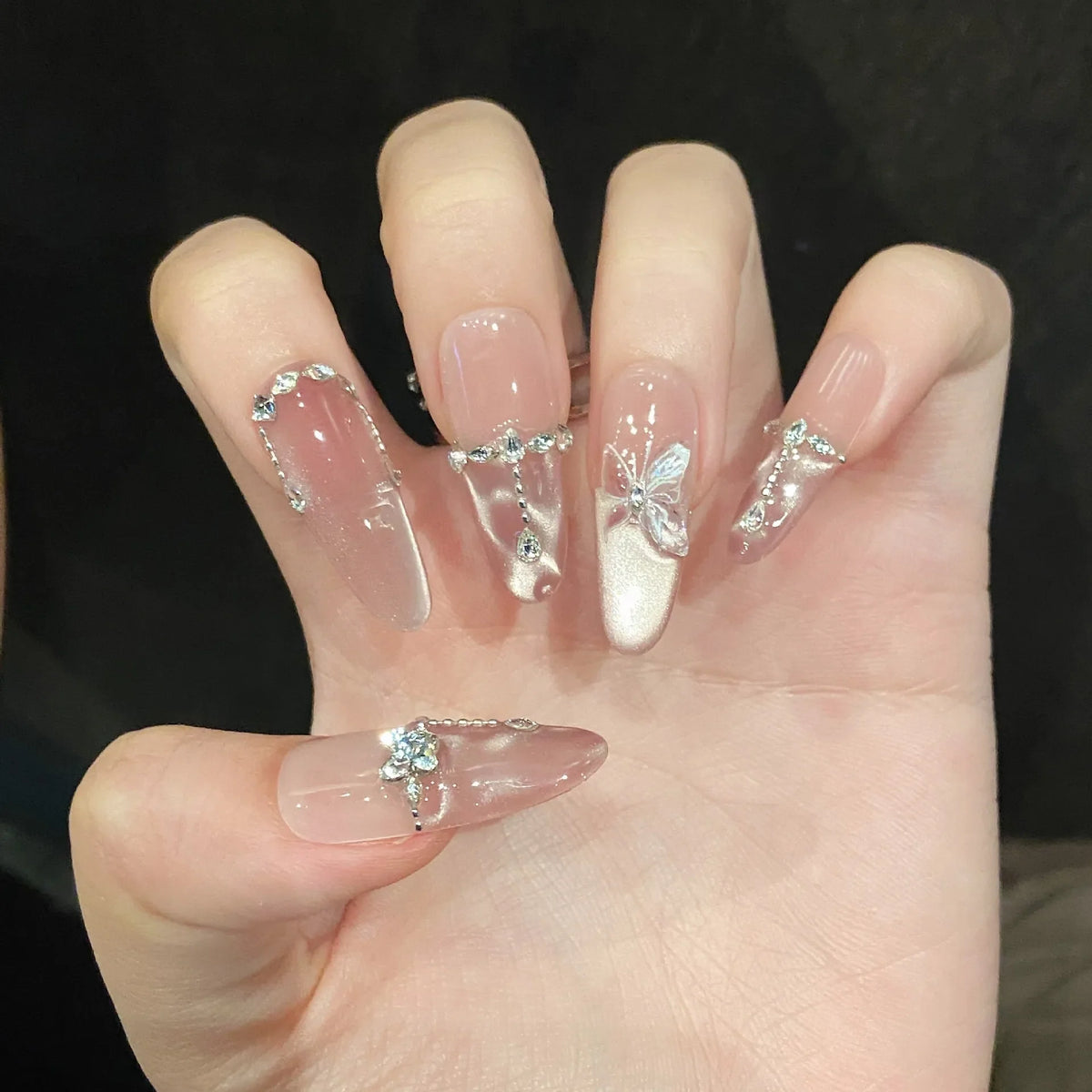 Press On Nails Pink Butterfly Glitter Cat Eye | 10pc Korean Set