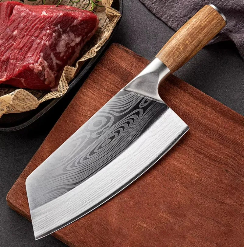 InLeung Stainless Steel Meat Cleaver – Wood Handle Butcher Knife