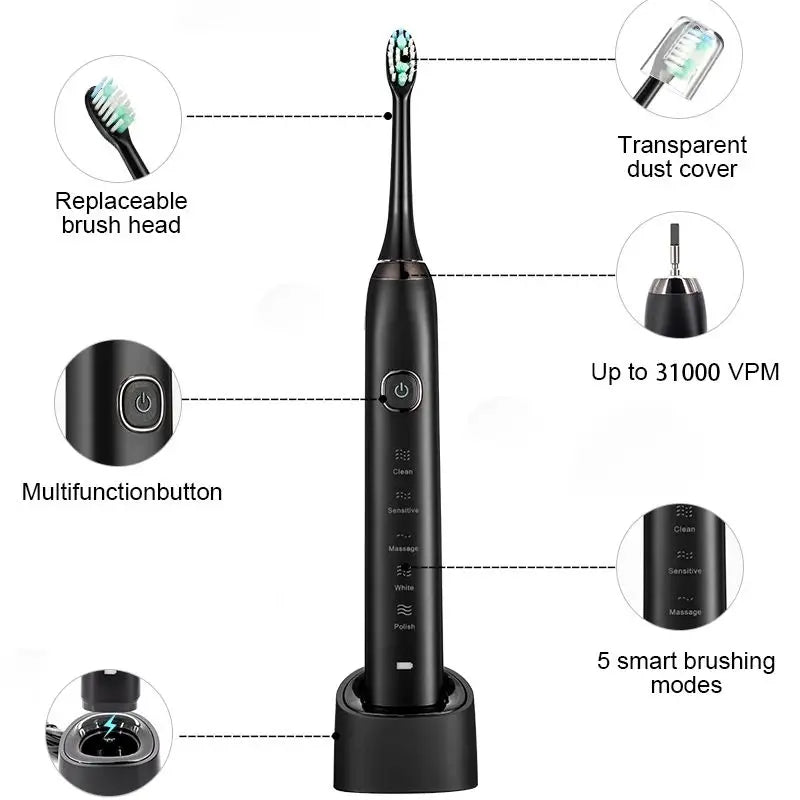 Sonic Electric Toothbrush IPX7 Rechargeable | 5 Modes, 8 Heads