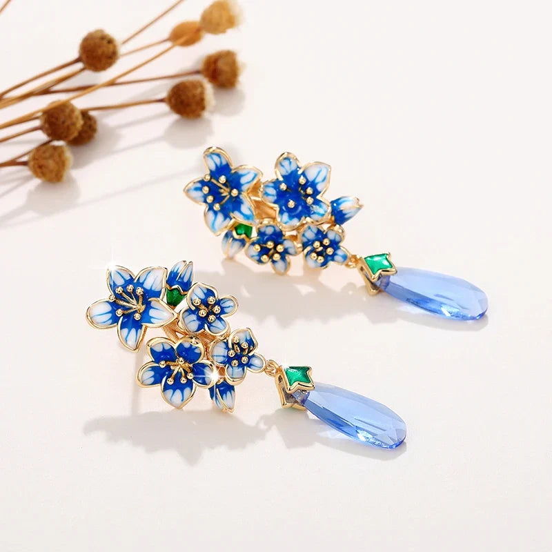 Huitan Blue Morning Glory Drop Earrings – Gold Floral Jewelry