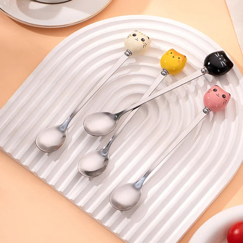 Stainless Steel Coffee Dessert Spoons Long Cat Handle Cartoon Ice