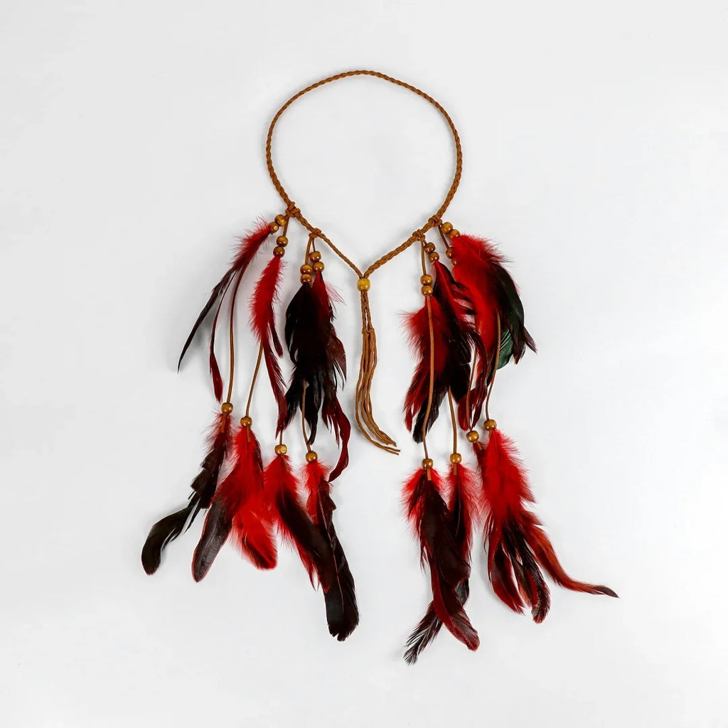 Bohemian Red Feather Headband Hippie Tribal Hair Accessory Festivals