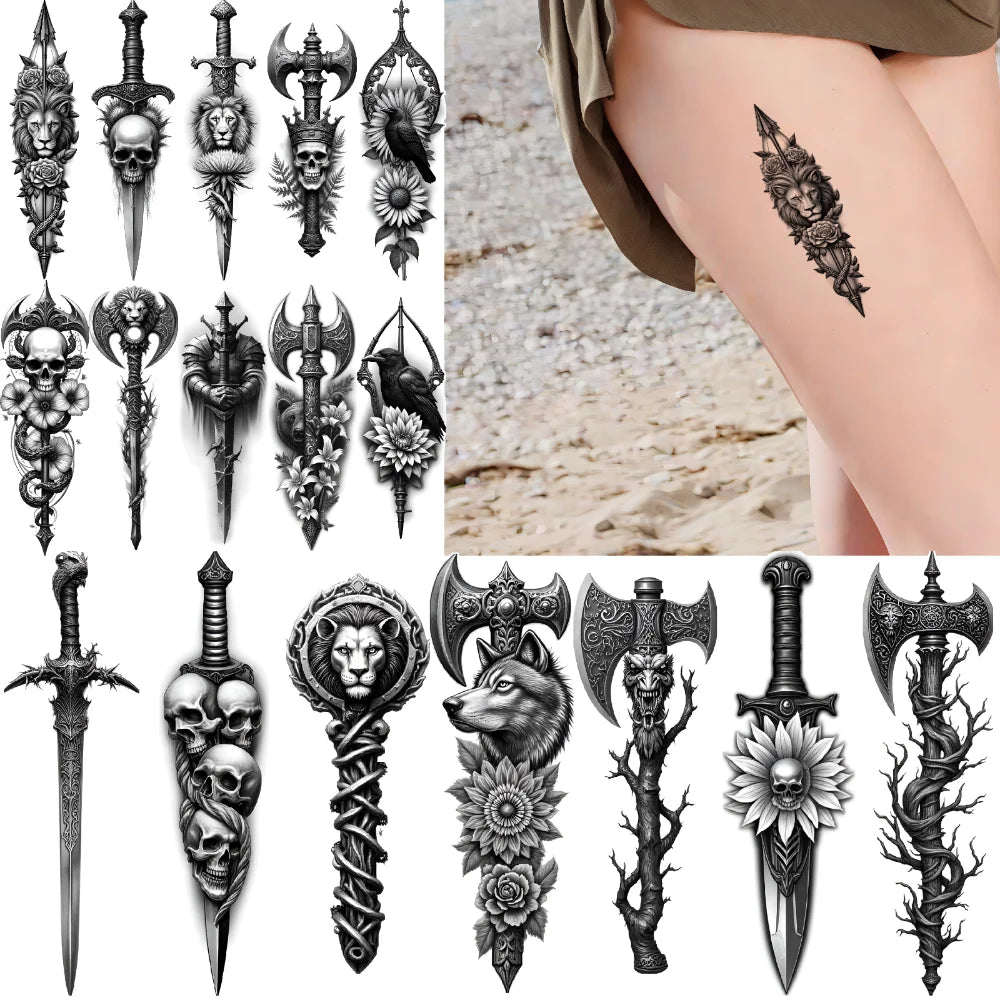 12pcs Realistic Temporary Tattoos – Skull, Flower, Crow & Dragon