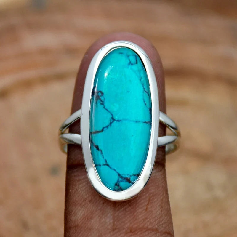Huitan Oval Turquoise Boho Ring for Women – Vintage Style