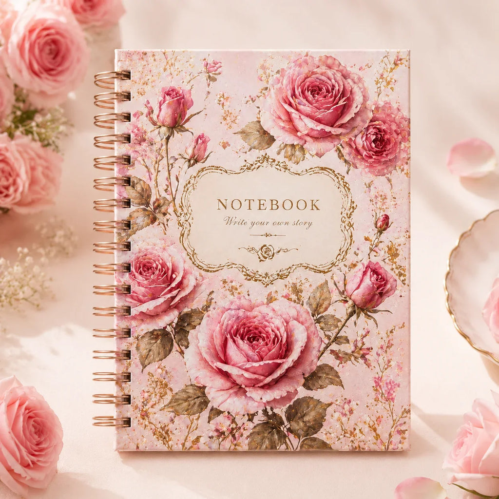 Retro Pink Rose Stamping Coil Notebook Girl Heart Art Handbook