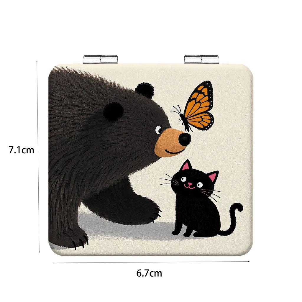 Kitten & Bear Cartoon Folding Makeup Mirror – Double Sided