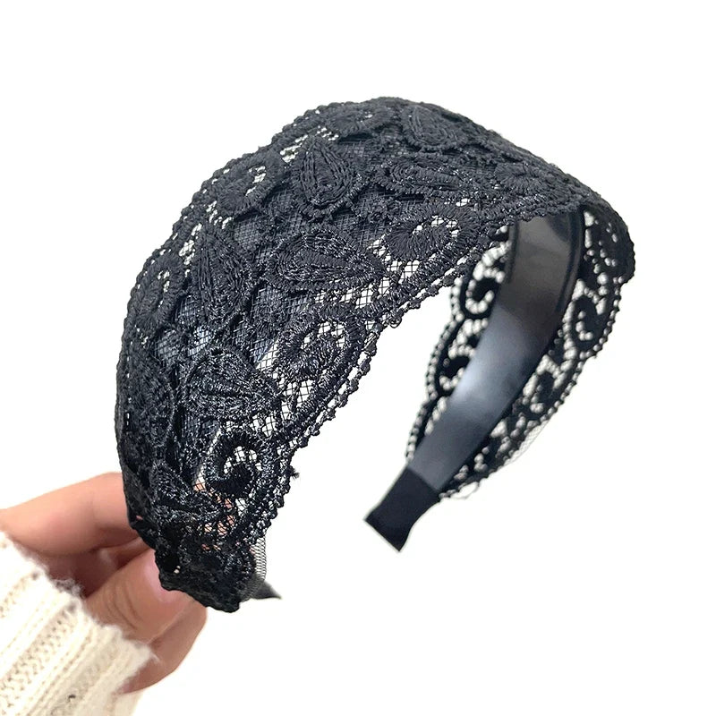 Korean Lace Flower Wide Headband – Non-Slip Vintage Hair Hoop