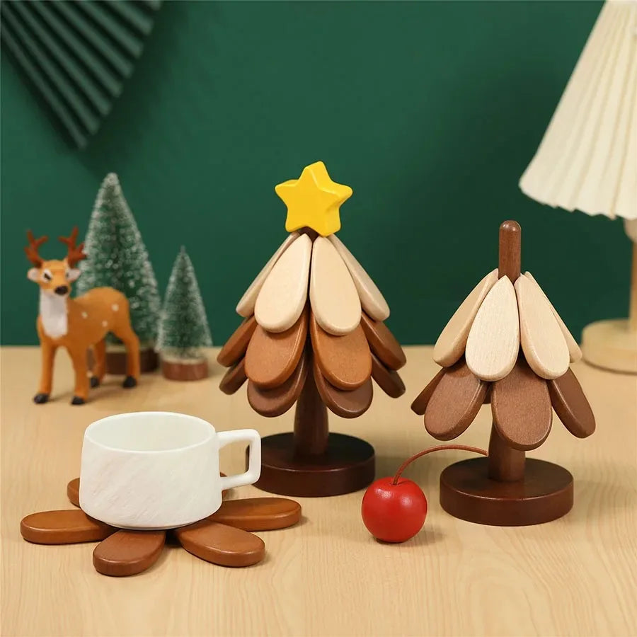 Christmas Tree Wooden Trivet Mat – Heat-Resistant Pot Holder
