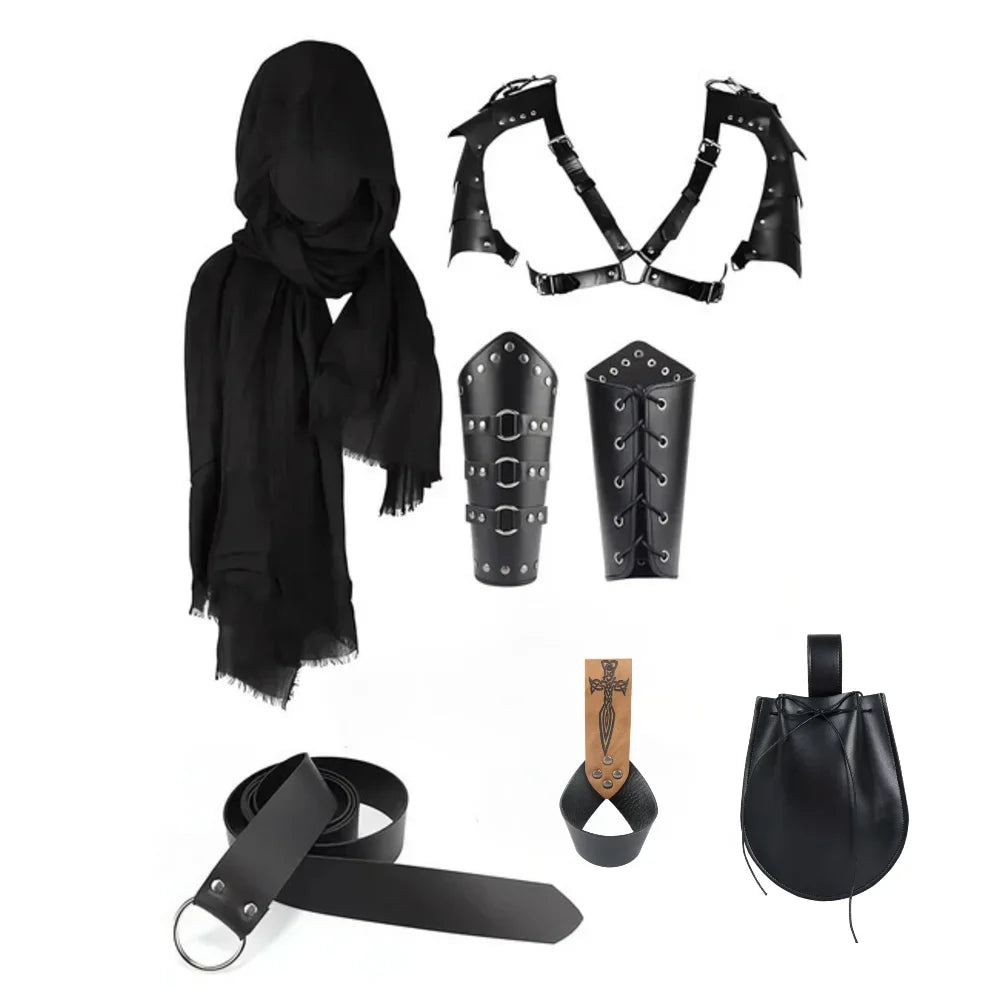 Men Vintage Medieval Knight Hooded Cloak Scarf Renaissance Belt Wrist